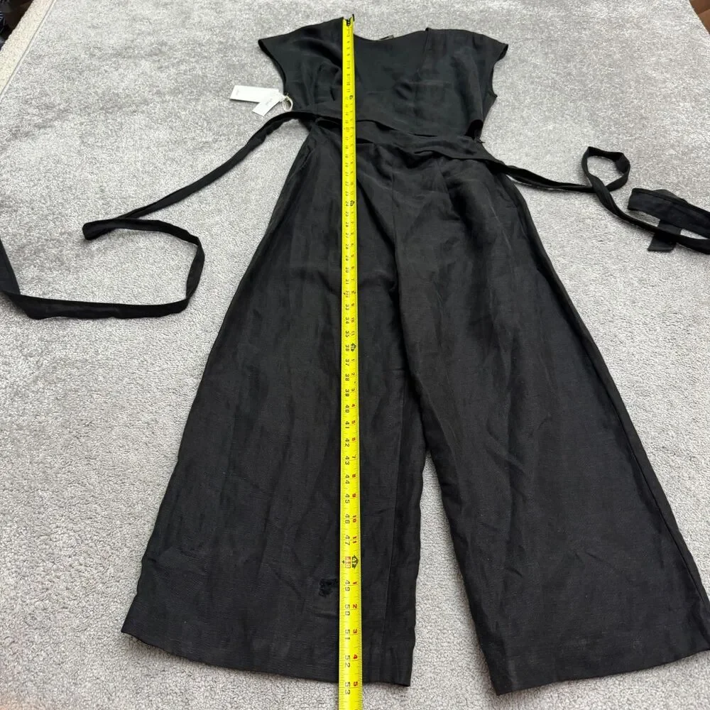 Aritzia Wilfred Brax Linen Blend Wide Leg Jumpsuit womens 4 Black Tie Waist NWD